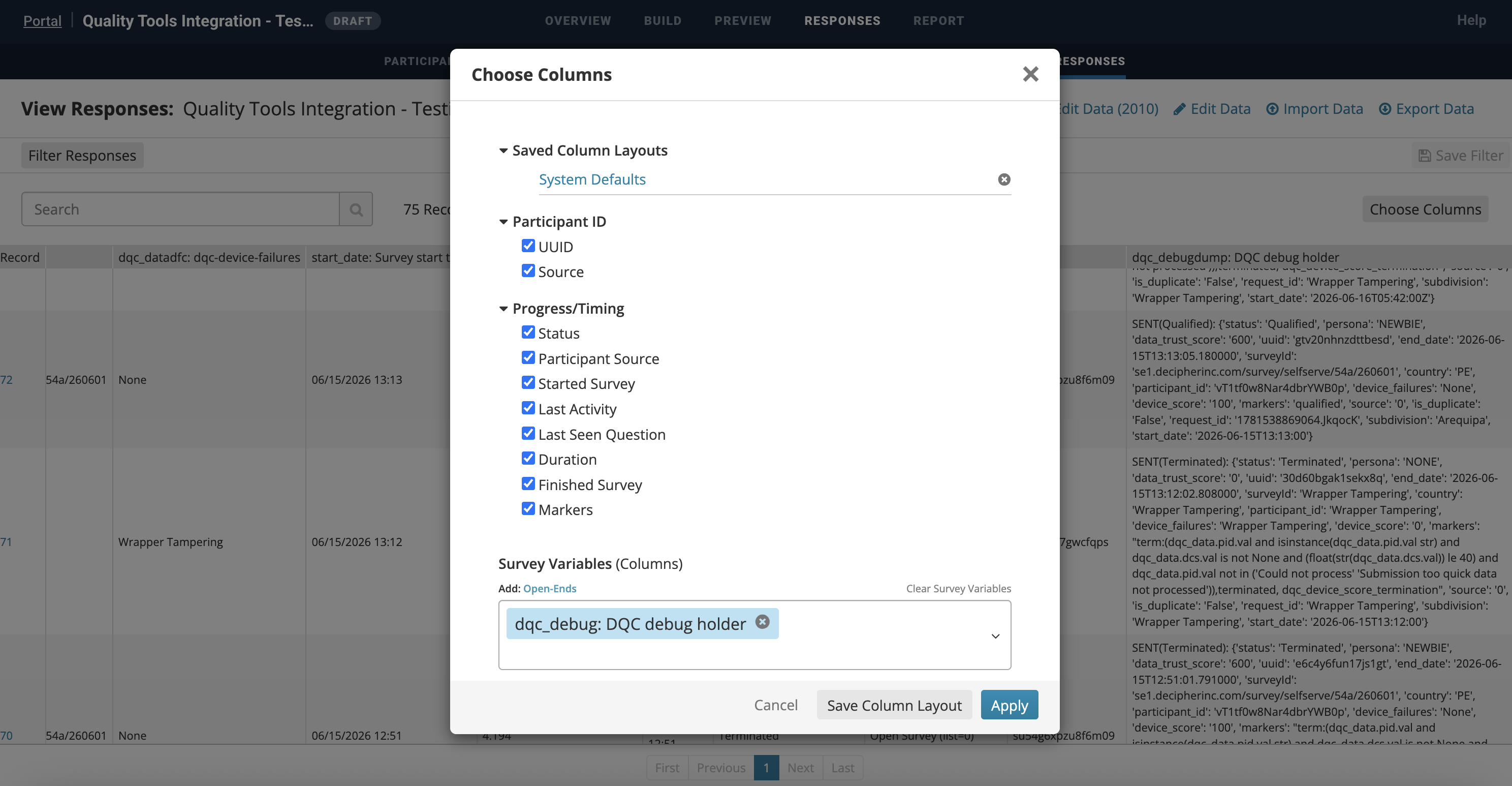 Choose Columns dialog with the dqc_debug survey variable selected, and the dqc_debug column showing SENT(...) payloads per response
